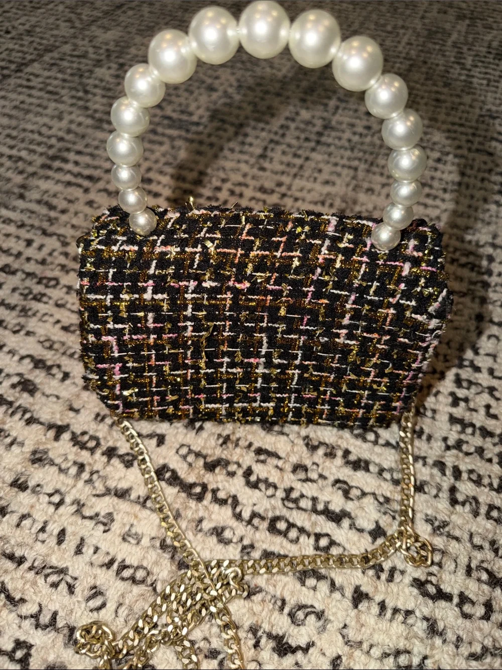 Black Multi Tweed Mini Bag with Pearl Handle